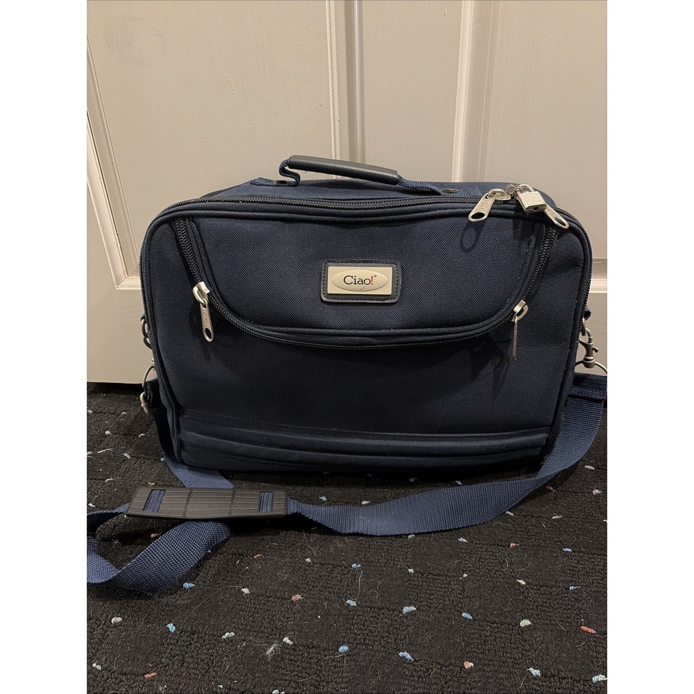 Ciao Luggage Carry On Accessary Bag w/ Shoulder Strap Navy Blue Zippers EUC